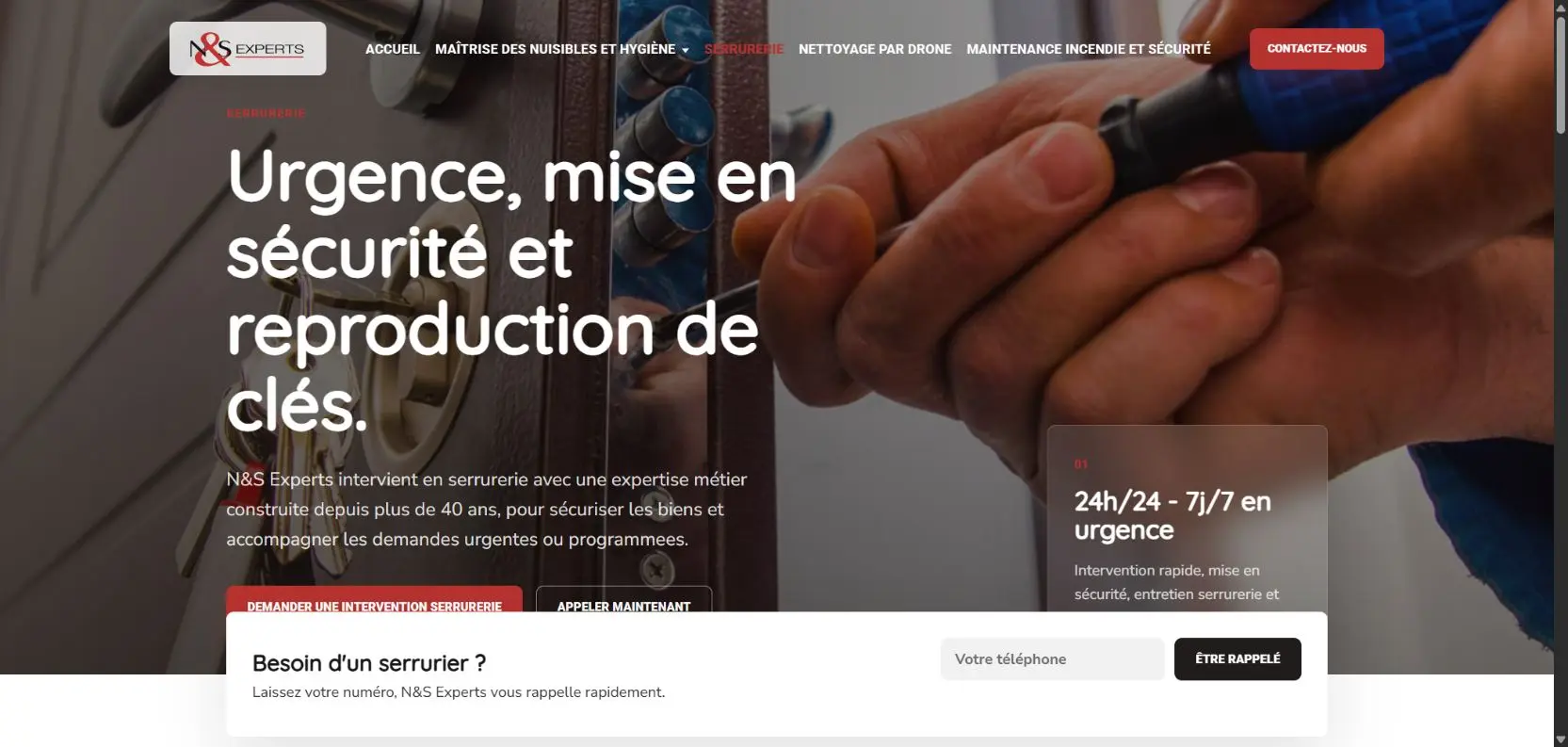 Page présentant les services de serrurerie de N&S Experts
