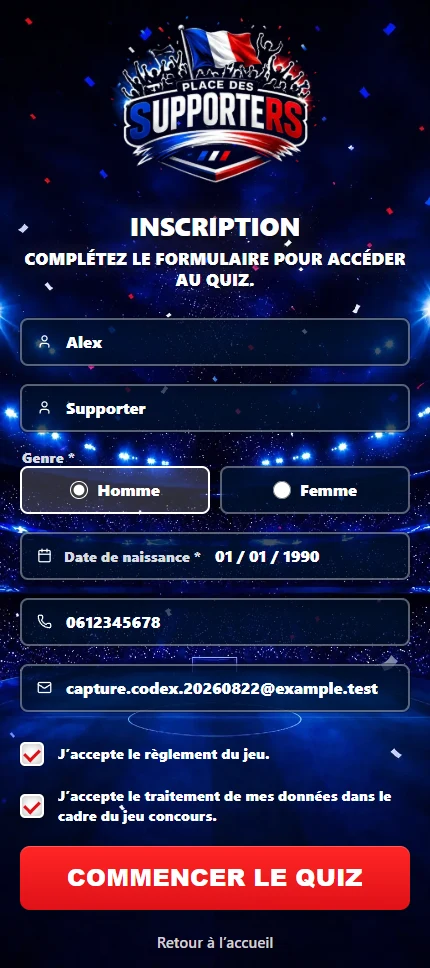 Formulaire d’inscription mobile rempli avant de commencer le quiz