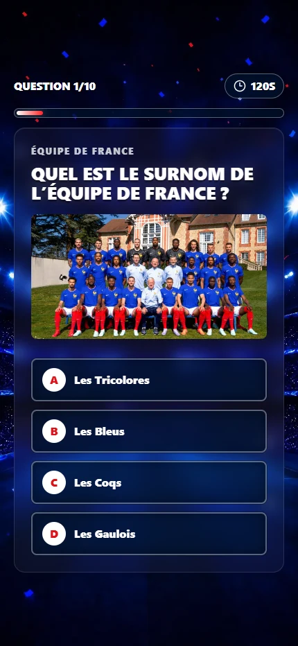 Quiz mobile de Place des Supporters avec une question sur l’équipe de France