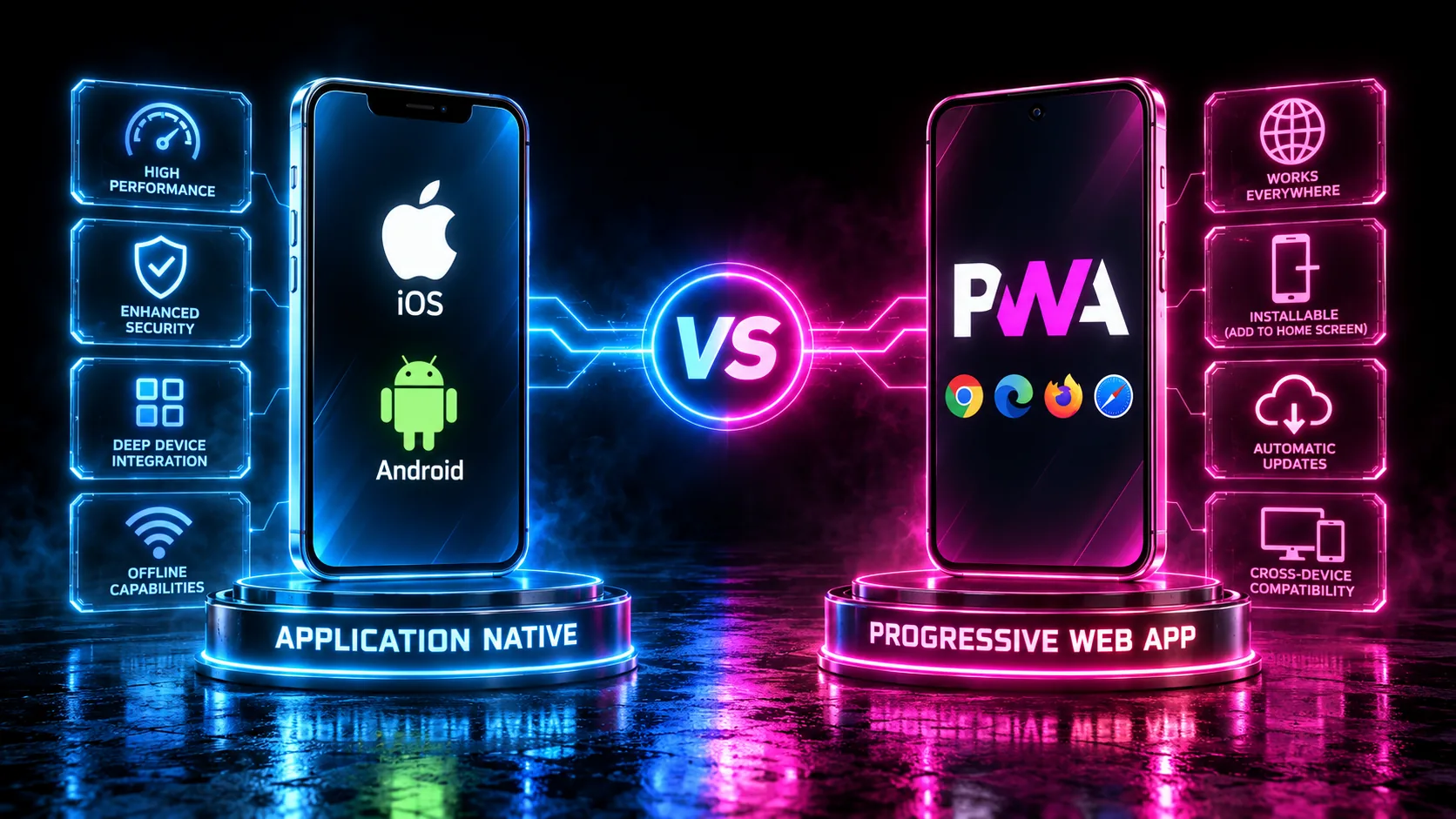 Deux smartphones face à face : une application native iOS et Android, et une Progressive Web App