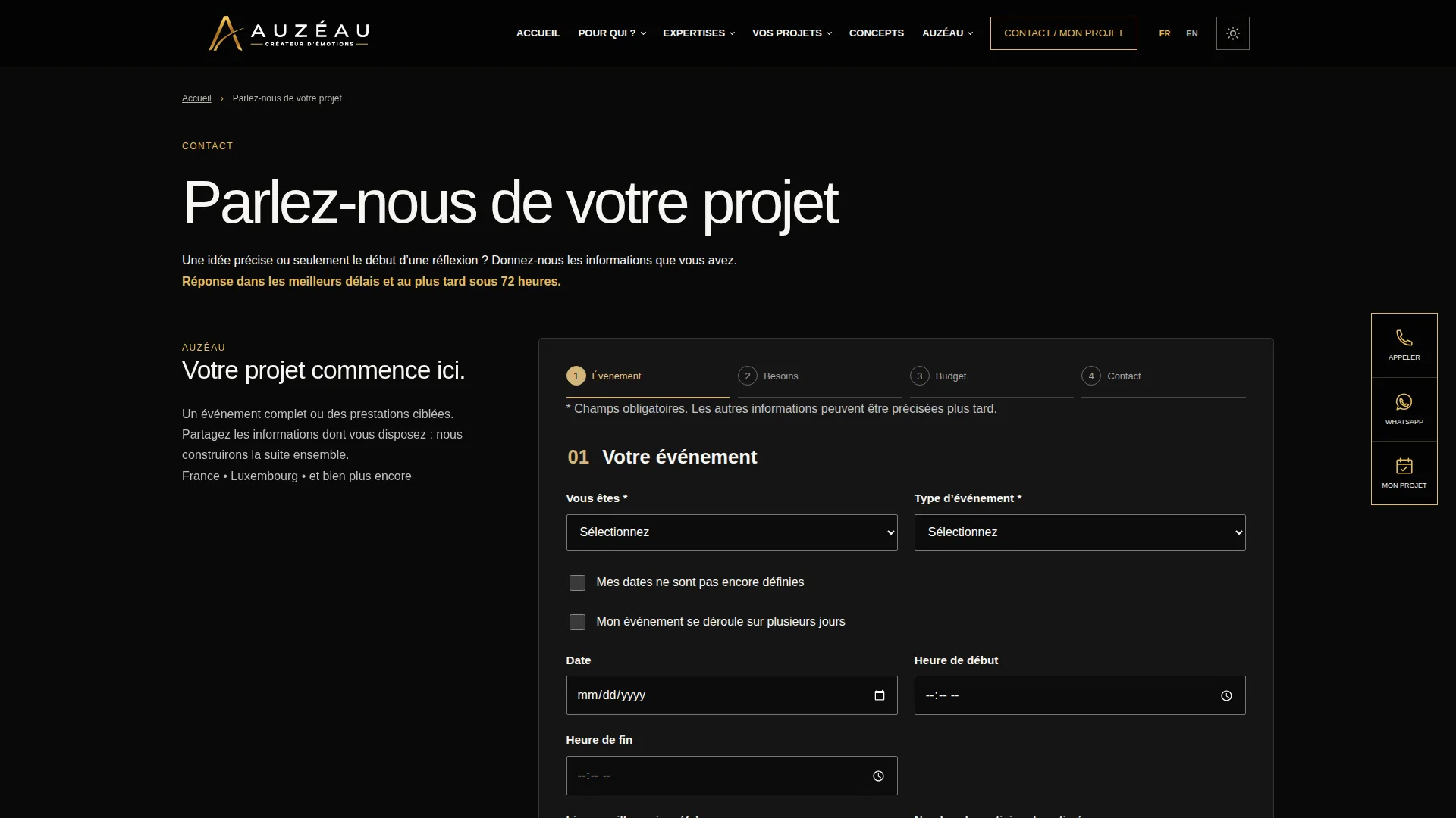 Formulaire projet en quatre étapes du site AUZÉAU