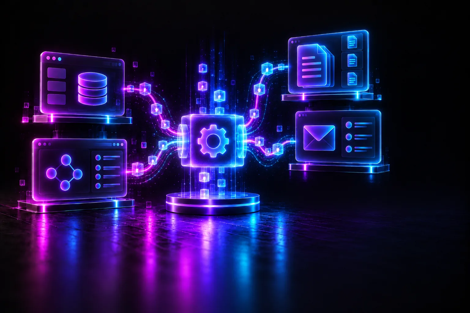 Applications de gestion, contacts, documents et messagerie reliées par des flux de données à un hub central