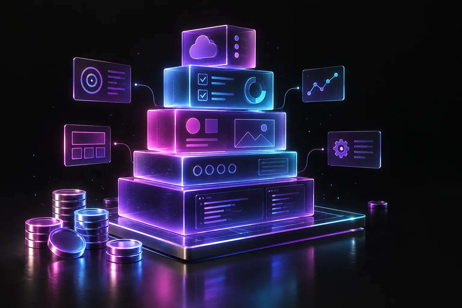 Blocs translucides empilés représentant les étapes d’un projet web, posés sur un socle à côté de jetons