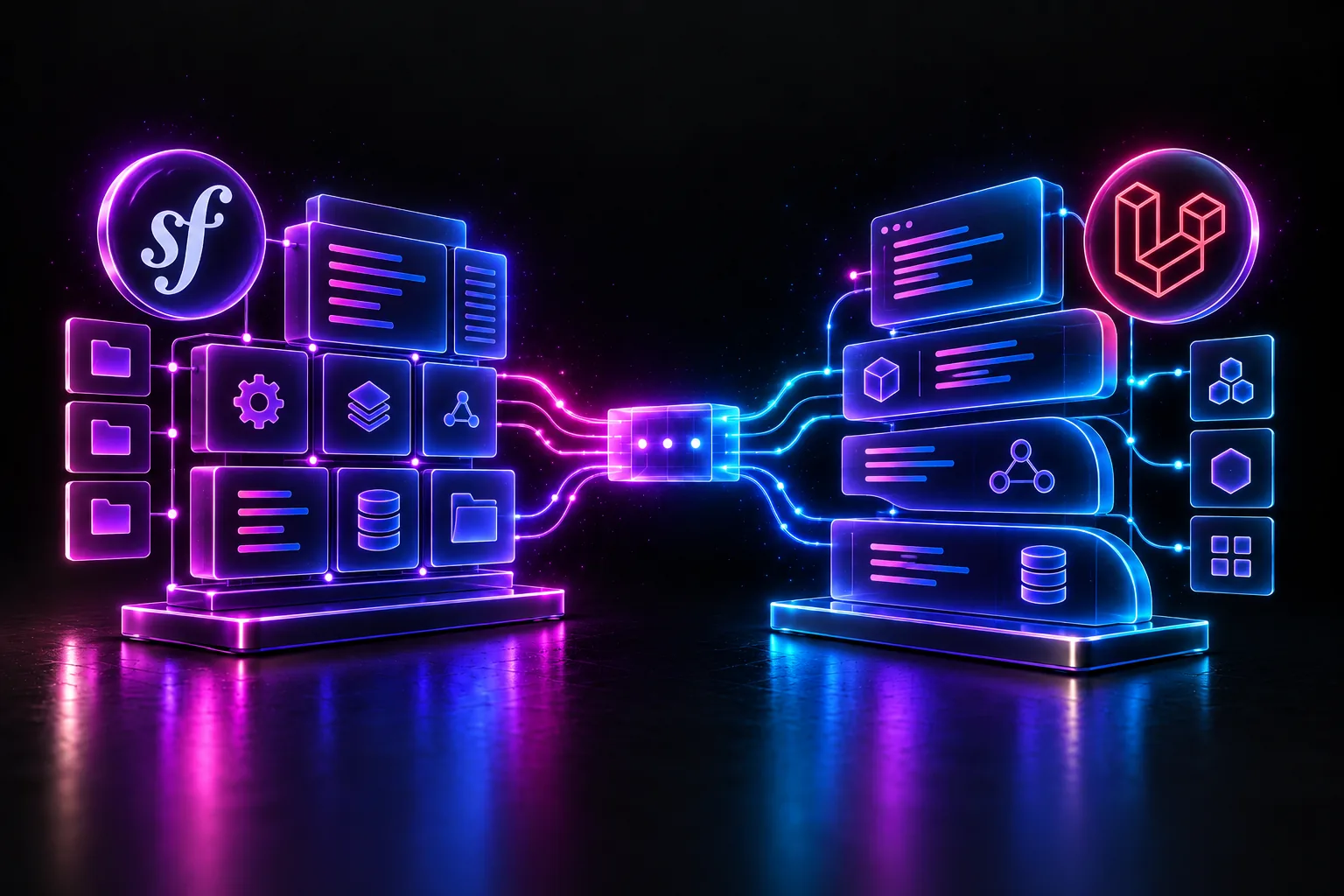 Deux architectures de blocs de code, l’une marquée Symfony, l’autre Laravel, reliées par un flux lumineux