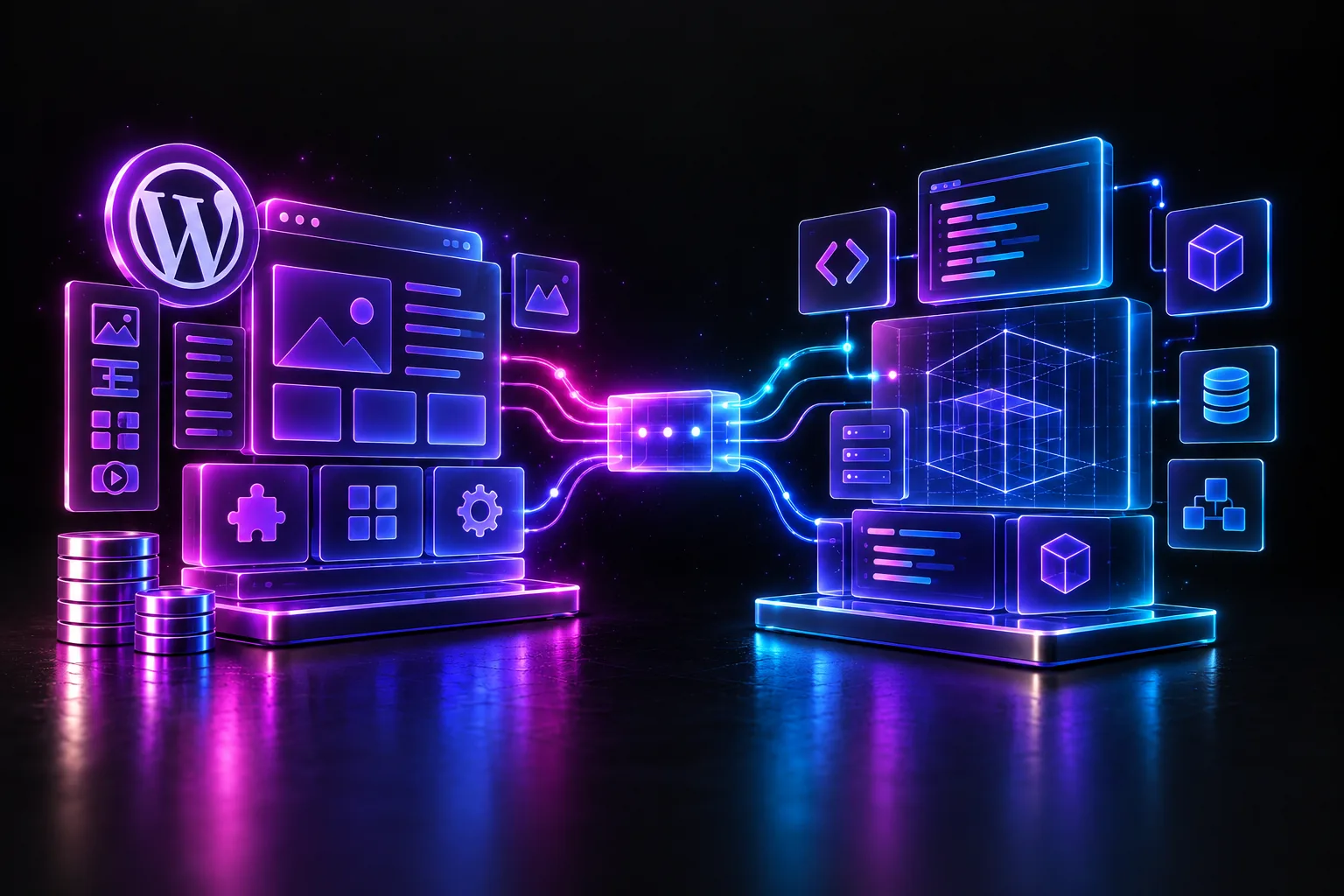 Mise en page WordPress à gauche et modules de code sur mesure à droite, reliés par un connecteur lumineux